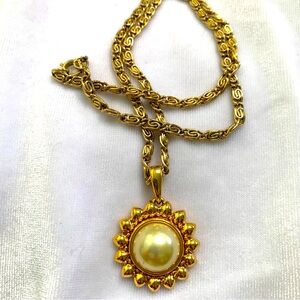 Vintage Nolan Miller Gold tone Faux Pearl Sun Pendant Necklace